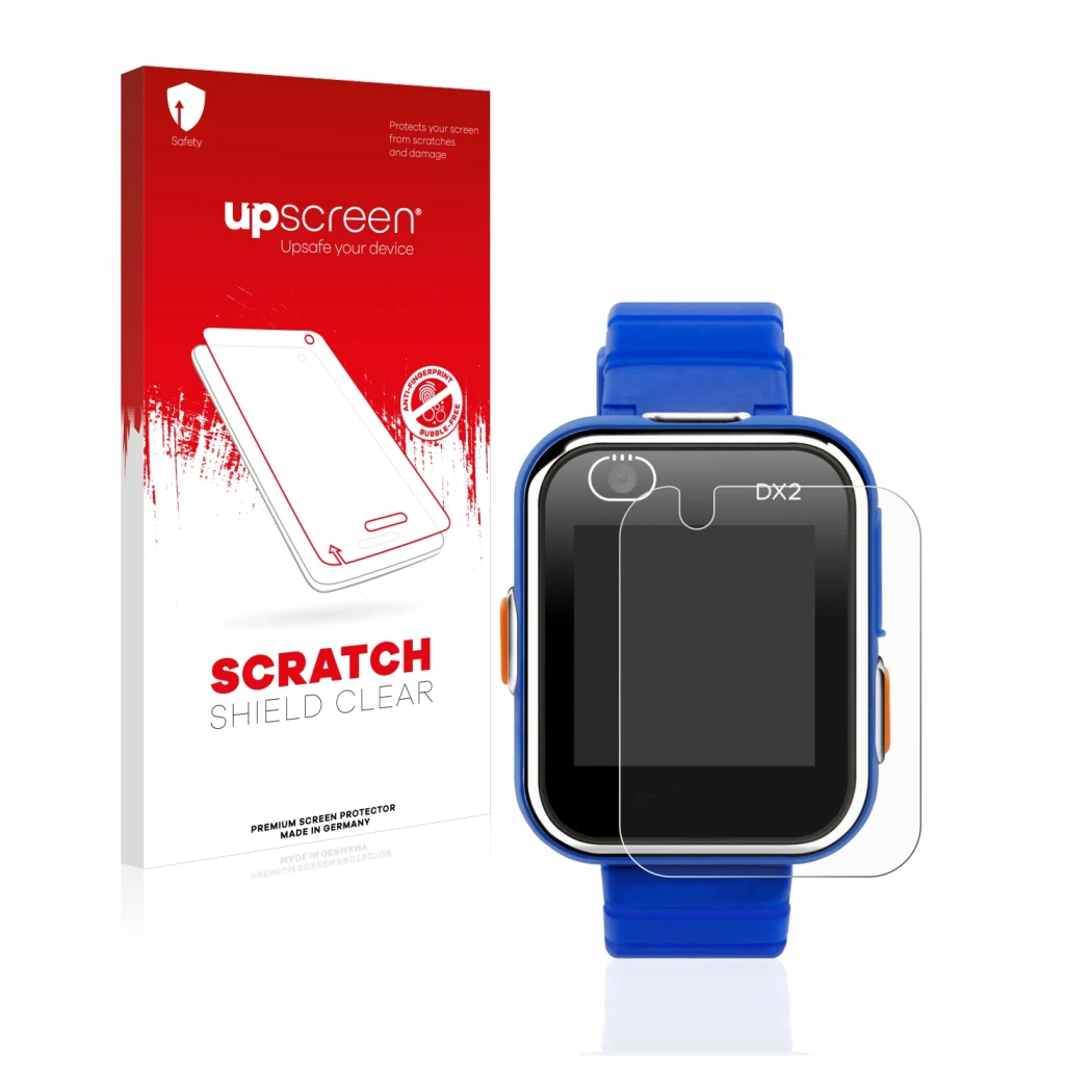 Parte frontale di una confezione del prodotto con il logo del marchio upscreen. Accanto è raffigurato il dispositivo Vtech Kid