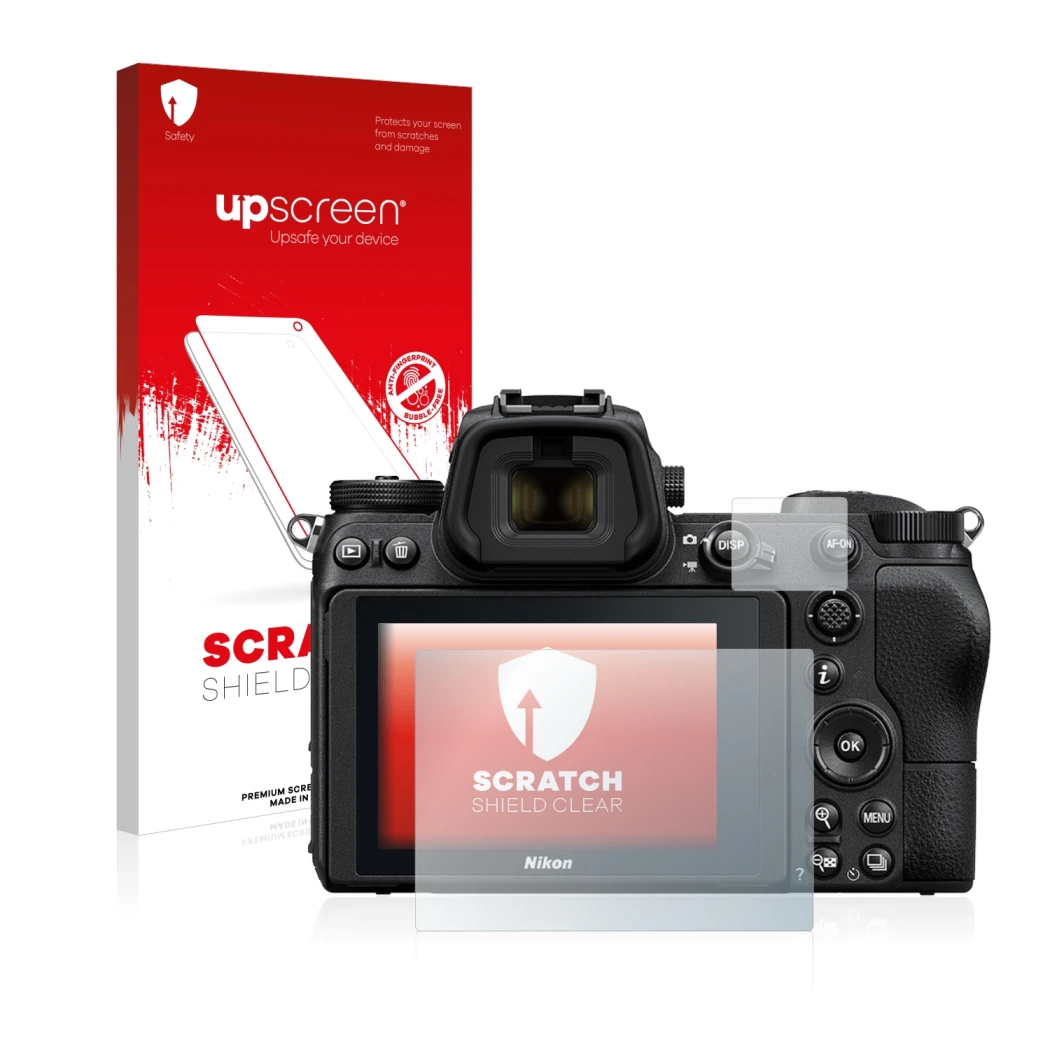 Parte frontale di una confezione del prodotto con il logo del marchio upscreen. Accanto è raffigurato il dispositivo Nikon Z 6