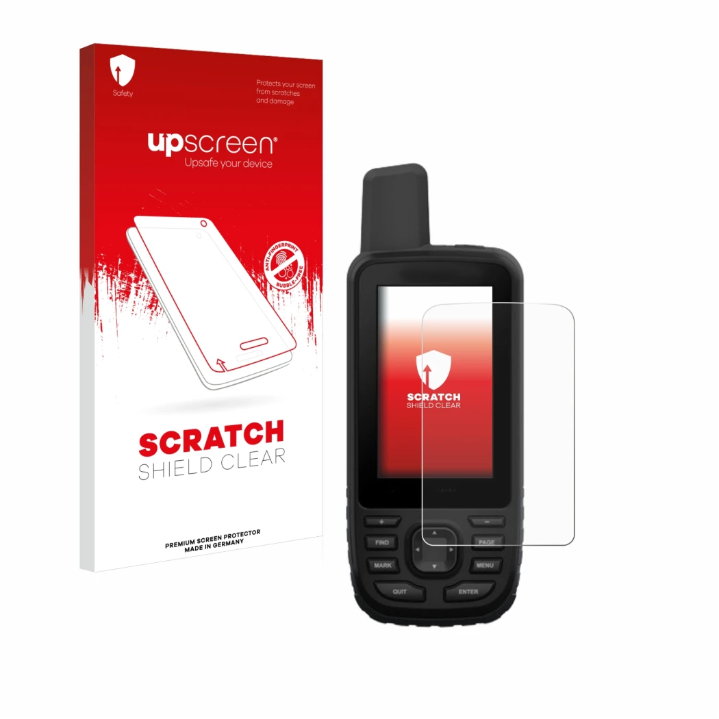 Parte frontale di una confezione del prodotto con il logo del marchio upscreen. Accanto è raffigurato il dispositivo Garmin GP