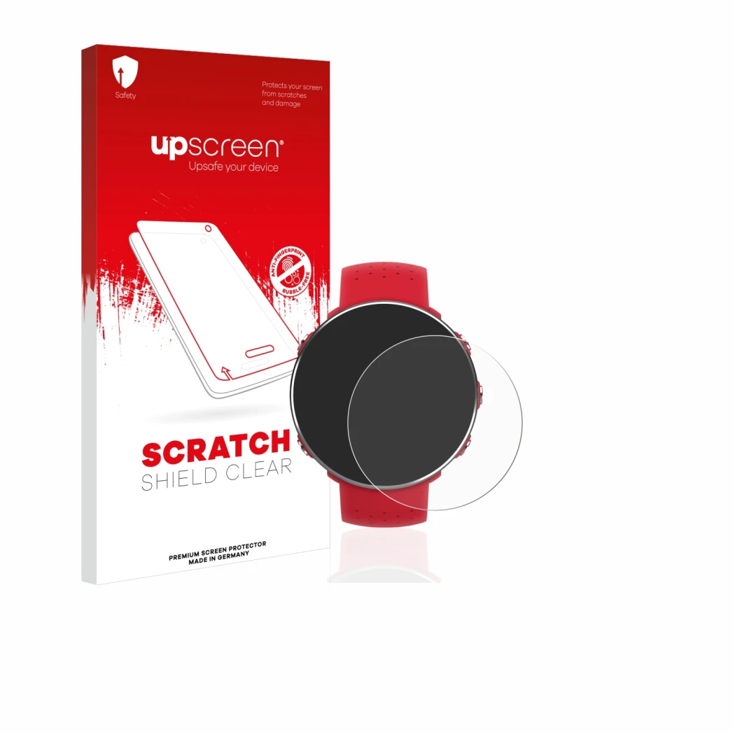 Parte frontale di una confezione del prodotto con il logo del marchio upscreen. Accanto è raffigurato il dispositivo Polar Van