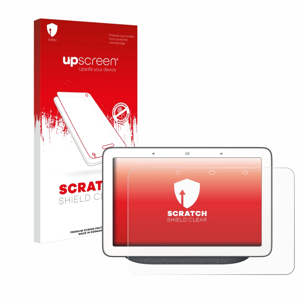 Parte frontale di una confezione del prodotto con il logo del marchio upscreen. Accanto è raffigurato il dispositivo Google Ho