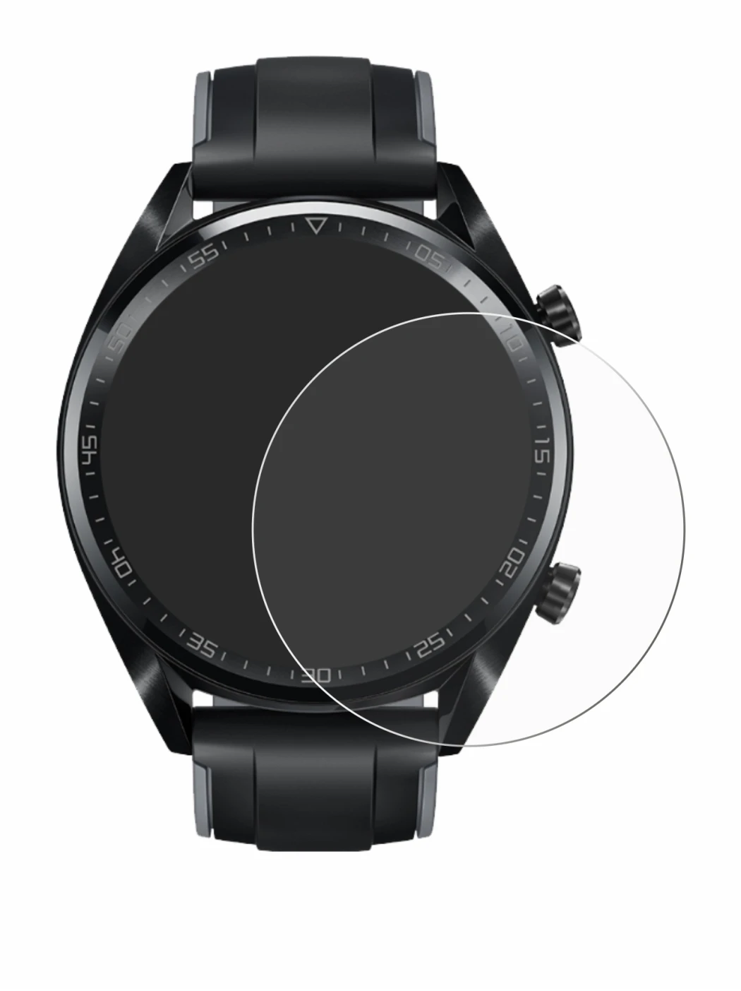 Immagine del dispositivo Huawei Watch GT (46 mm) 2018 con un'ampia varietà di protezioni per lo schermo.