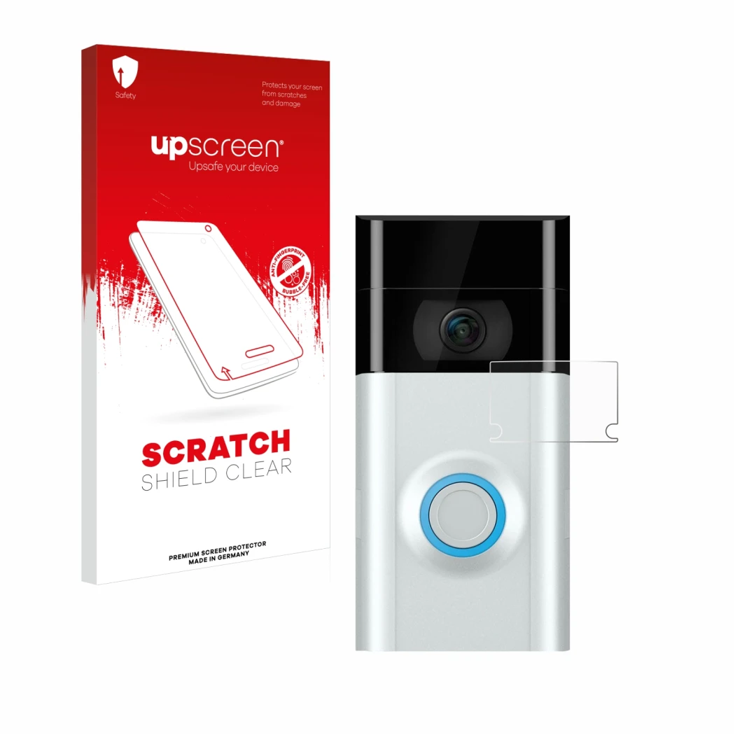 Parte frontale di una confezione del prodotto con il logo del marchio upscreen. Accanto è raffigurato il dispositivo Ring Door