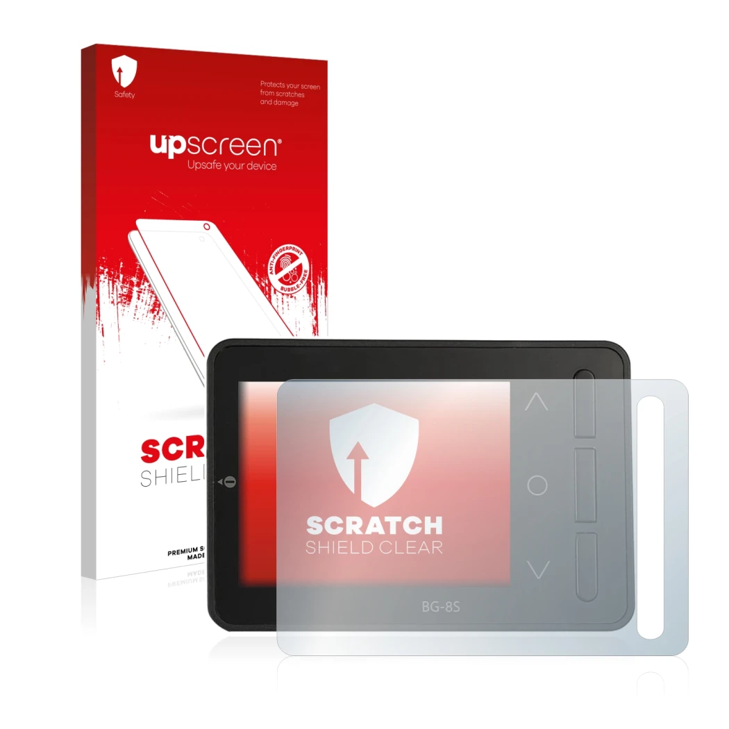 Parte frontale di una confezione del prodotto con il logo del marchio upscreen. Accanto è raffigurato il dispositivo ISDT BG-8