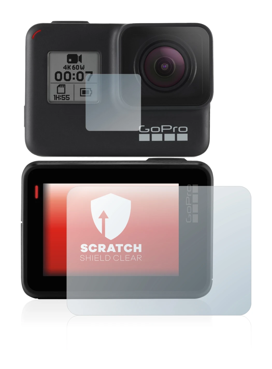 Immagine del dispositivo GoPro Hero 7 Black con un'ampia varietà di protezioni per lo schermo.