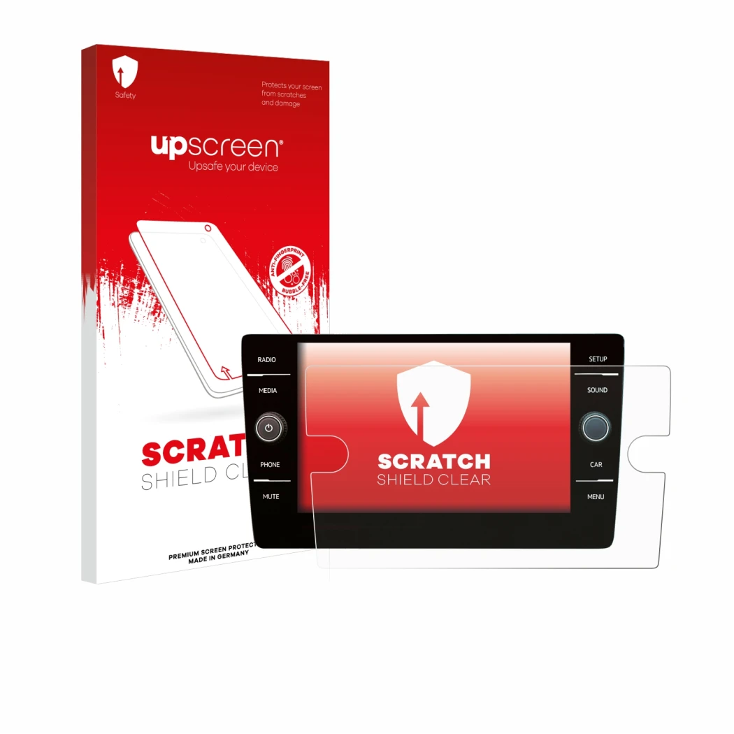 Parte frontale di una confezione del prodotto con il logo del marchio upscreen. Accanto è raffigurato il dispositivo Volkswage