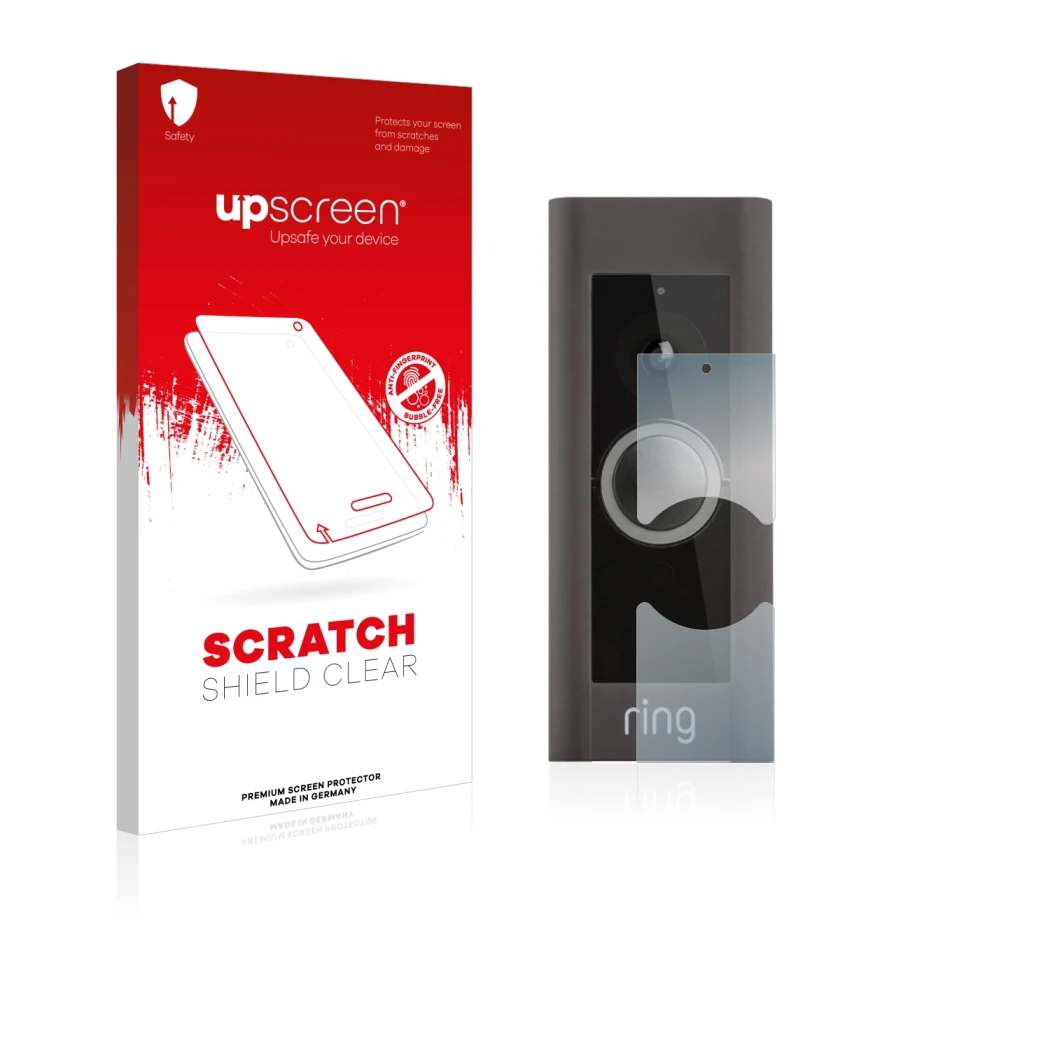 Parte frontale di una confezione del prodotto con il logo del marchio upscreen. Accanto è raffigurato il dispositivo Ring Vide