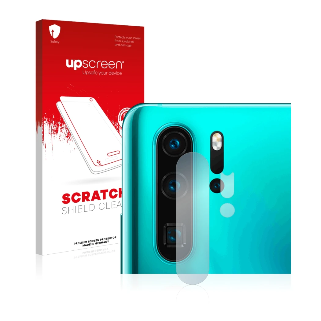 Parte frontale di una confezione del prodotto con il logo del marchio upscreen. Accanto è raffigurato il dispositivo Huawei P3