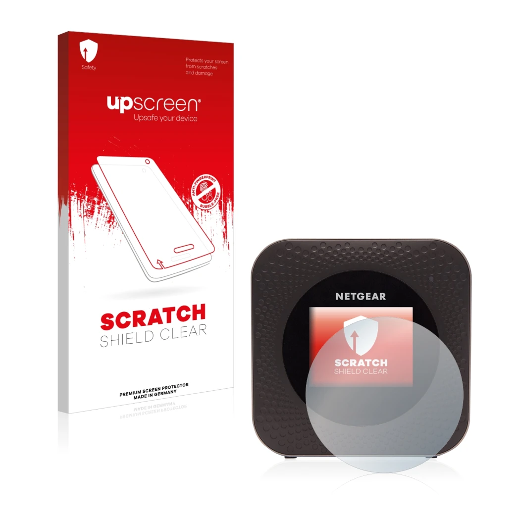 Parte frontale di una confezione del prodotto con il logo del marchio upscreen. Accanto è raffigurato il dispositivo Netgear N