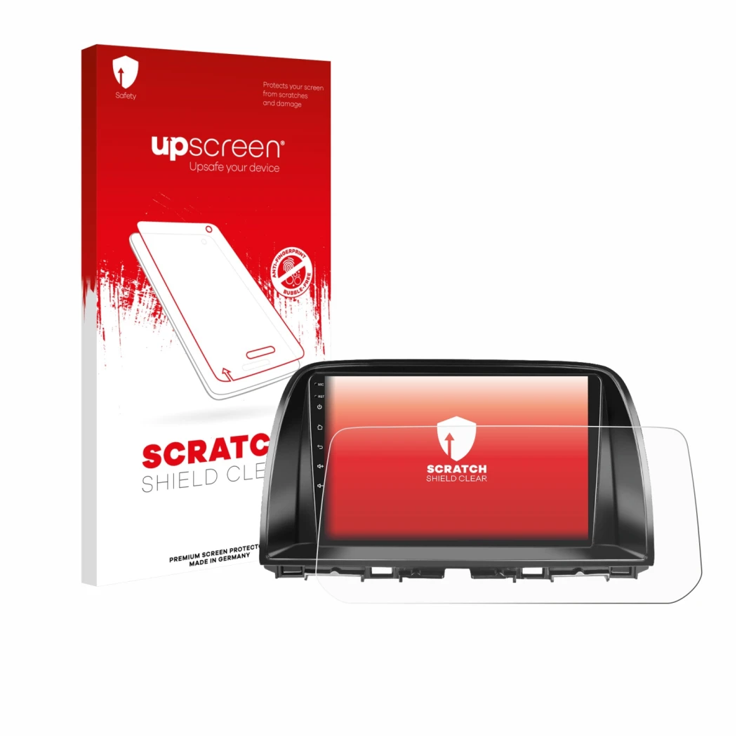 Parte frontale di una confezione del prodotto con il logo del marchio upscreen. Accanto è raffigurato il dispositivo Mazda CX-