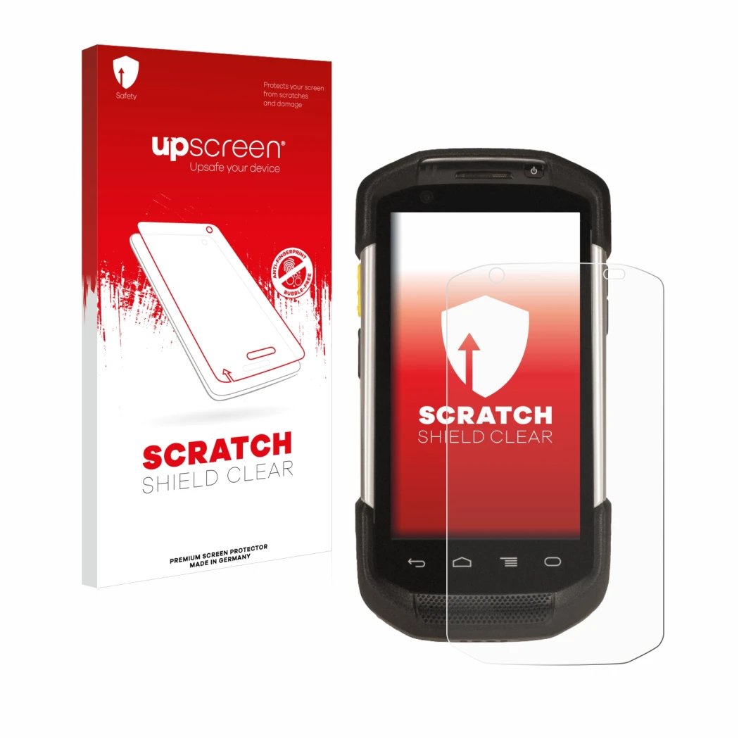 Parte frontale di una confezione del prodotto con il logo del marchio upscreen. Accanto è raffigurato il dispositivo Zebra TC7