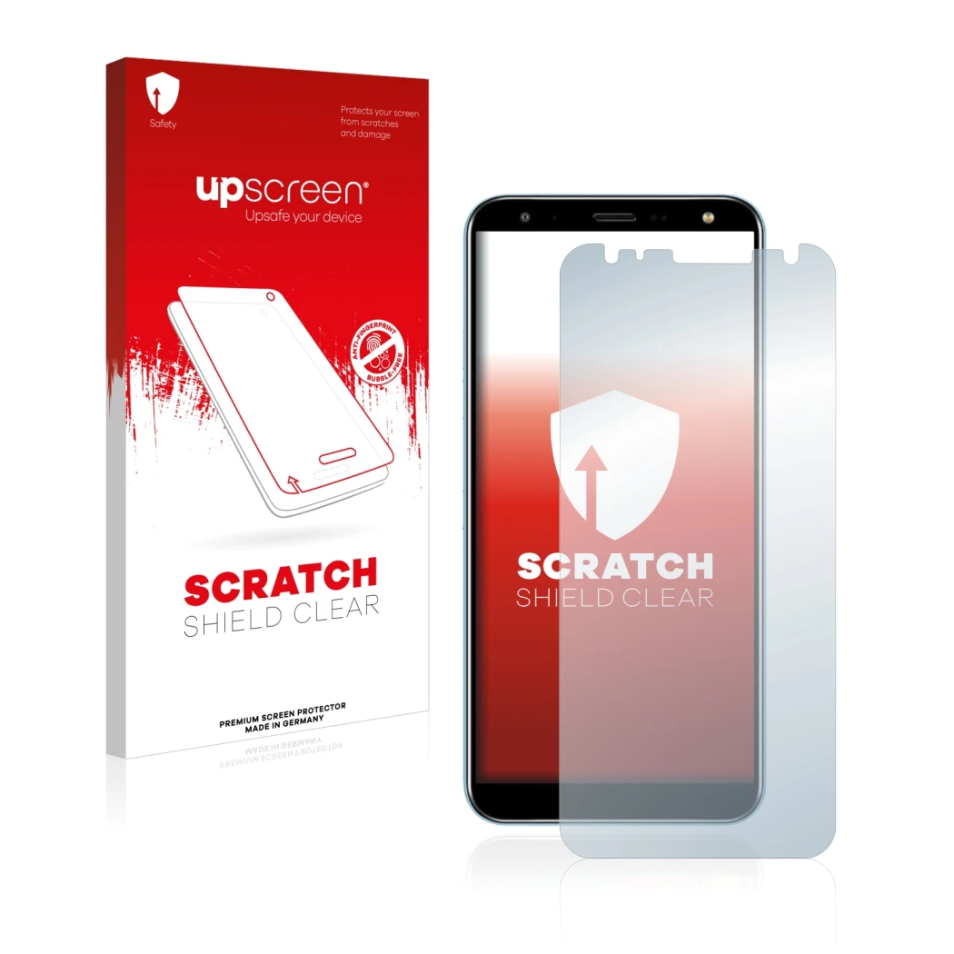 Parte frontale di una confezione del prodotto con il logo del marchio upscreen. Accanto è raffigurato il dispositivo LG K40 co