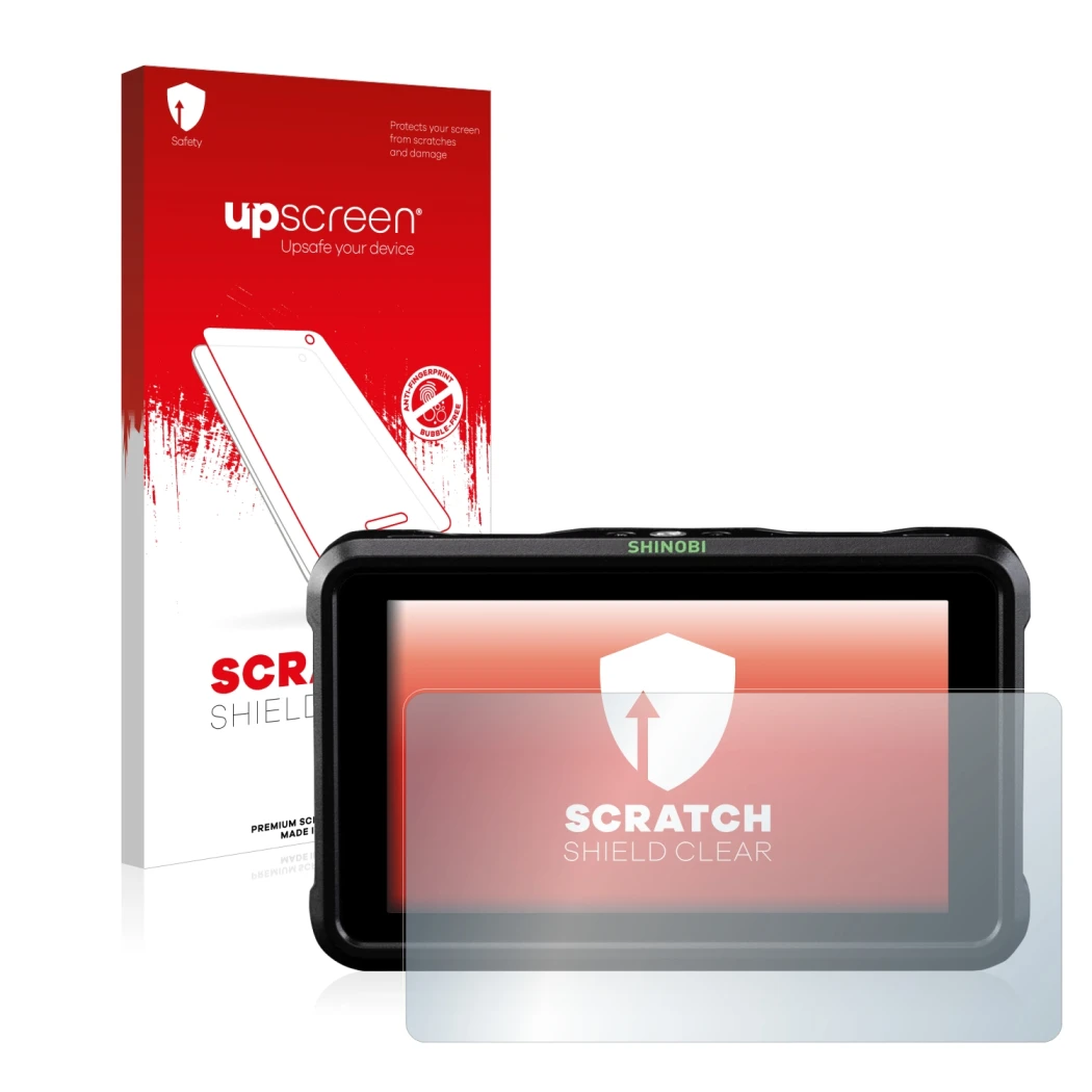 Parte frontale di una confezione del prodotto con il logo del marchio upscreen. Accanto è raffigurato il dispositivo Atomos Sh
