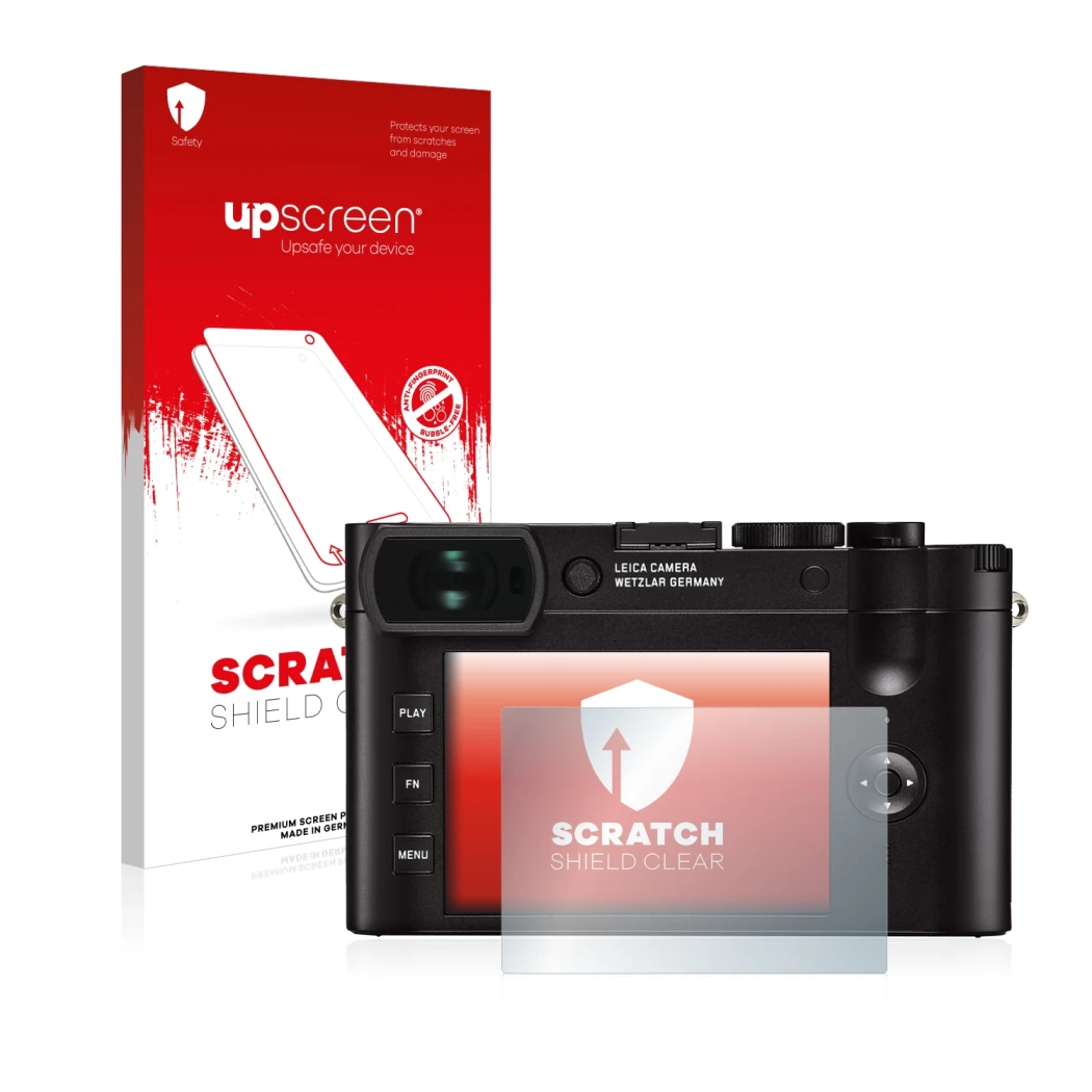 Parte frontale di una confezione del prodotto con il logo del marchio upscreen. Accanto è raffigurato il dispositivo Leica Q2