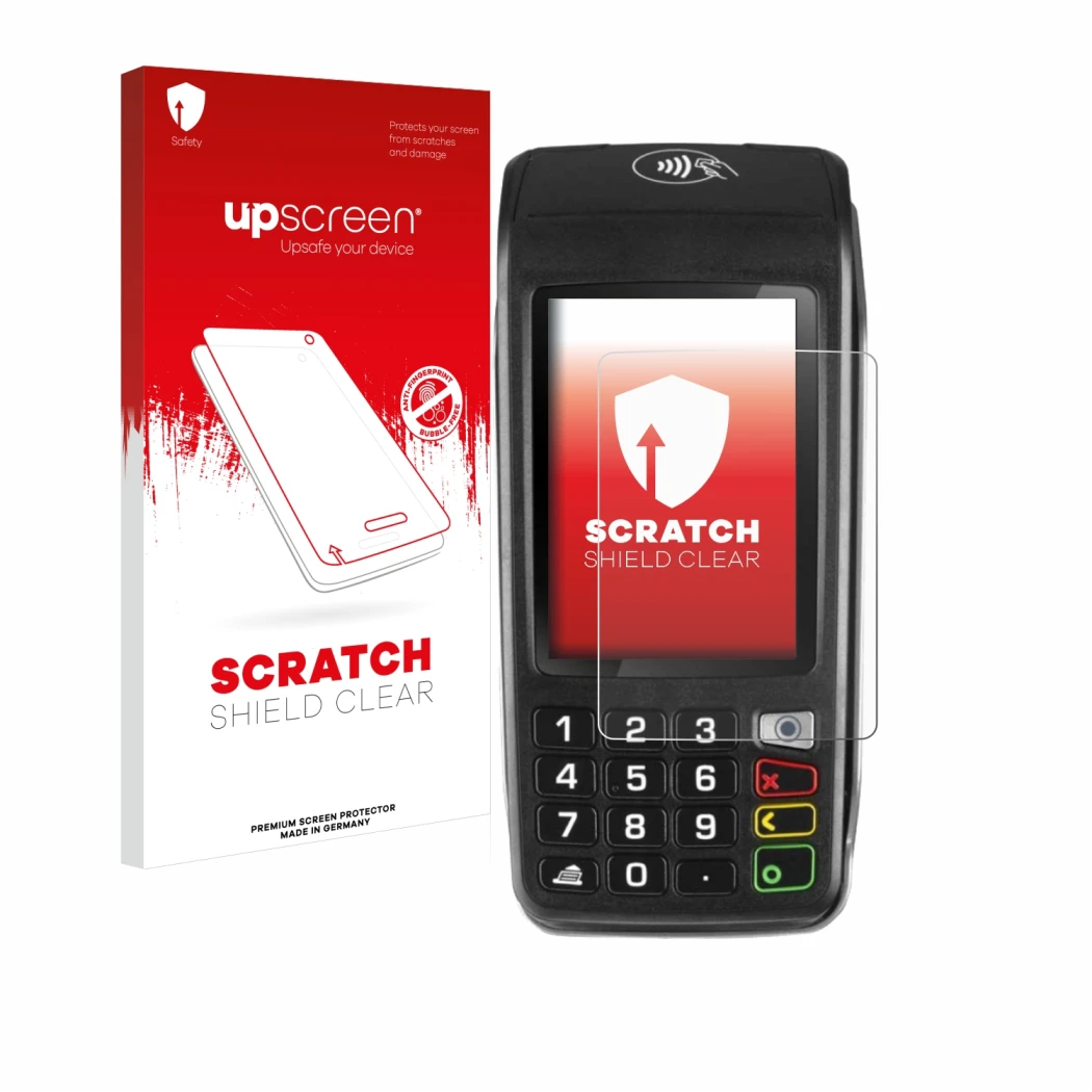 Parte frontale di una confezione del prodotto con il logo del marchio upscreen. Accanto è raffigurato il dispositivo ingenico