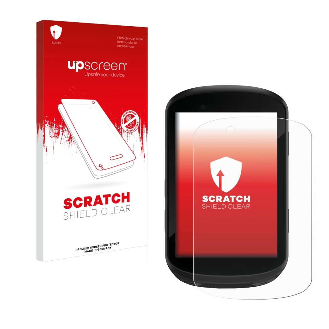 Parte frontale di una confezione del prodotto con il logo del marchio upscreen. Accanto è raffigurato il dispositivo Garmin Ed