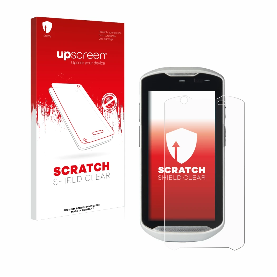Parte frontale di una confezione del prodotto con il logo del marchio upscreen. Accanto è raffigurato il dispositivo Zebra TC5