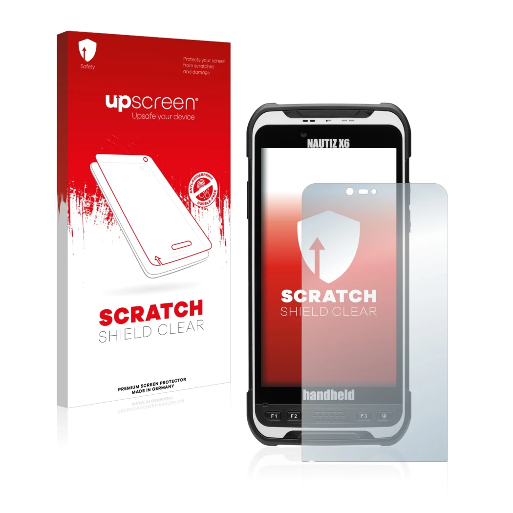 Parte frontale di una confezione del prodotto con il logo del marchio upscreen. Accanto è raffigurato il dispositivo Handheld 