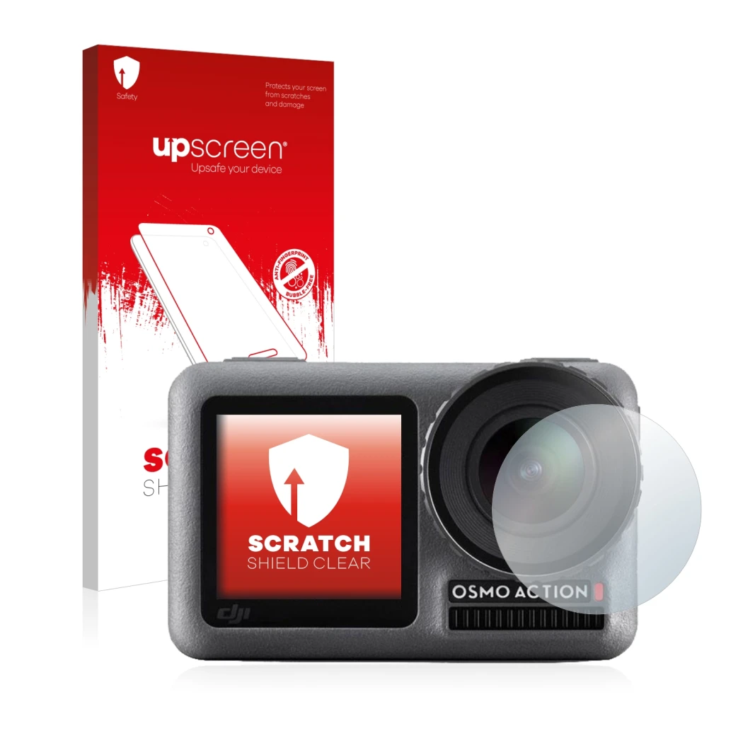 Parte frontale di una confezione del prodotto con il logo del marchio upscreen. Accanto è raffigurato il dispositivo DJI Osmo