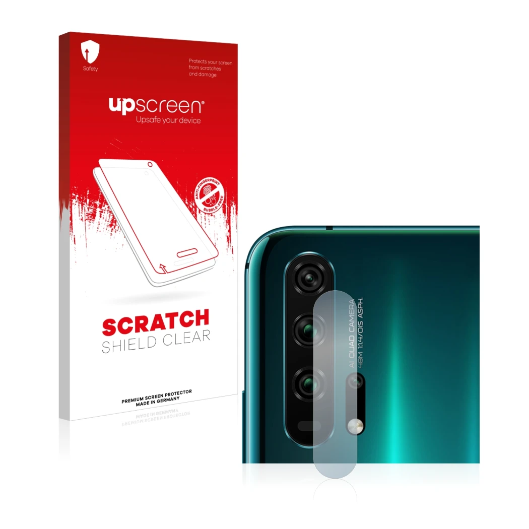 Parte frontale di una confezione del prodotto con il logo del marchio upscreen. Accanto è raffigurato il dispositivo Honor 20 