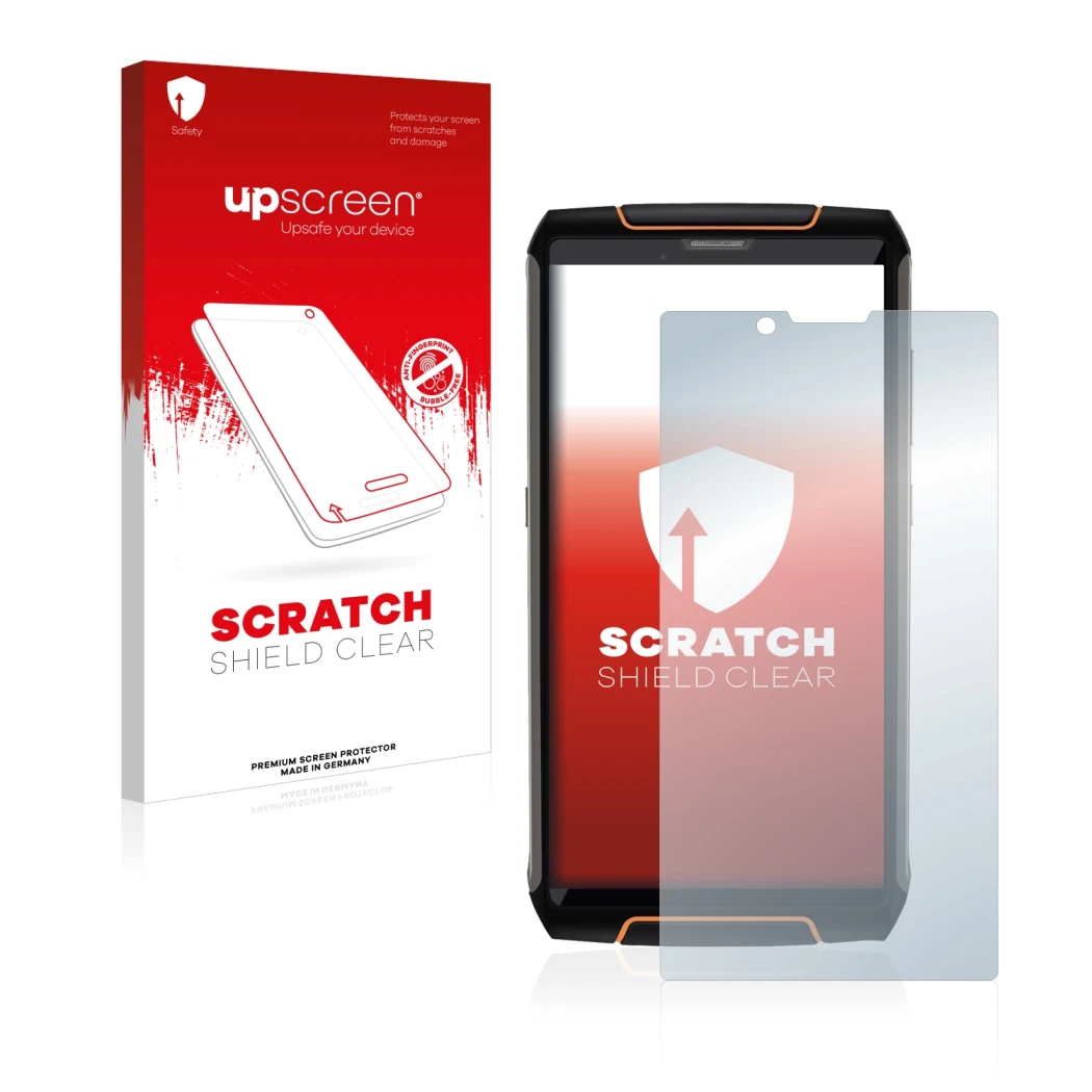 Parte frontale di una confezione del prodotto con il logo del marchio upscreen. Accanto è raffigurato il dispositivo Cubot Kin