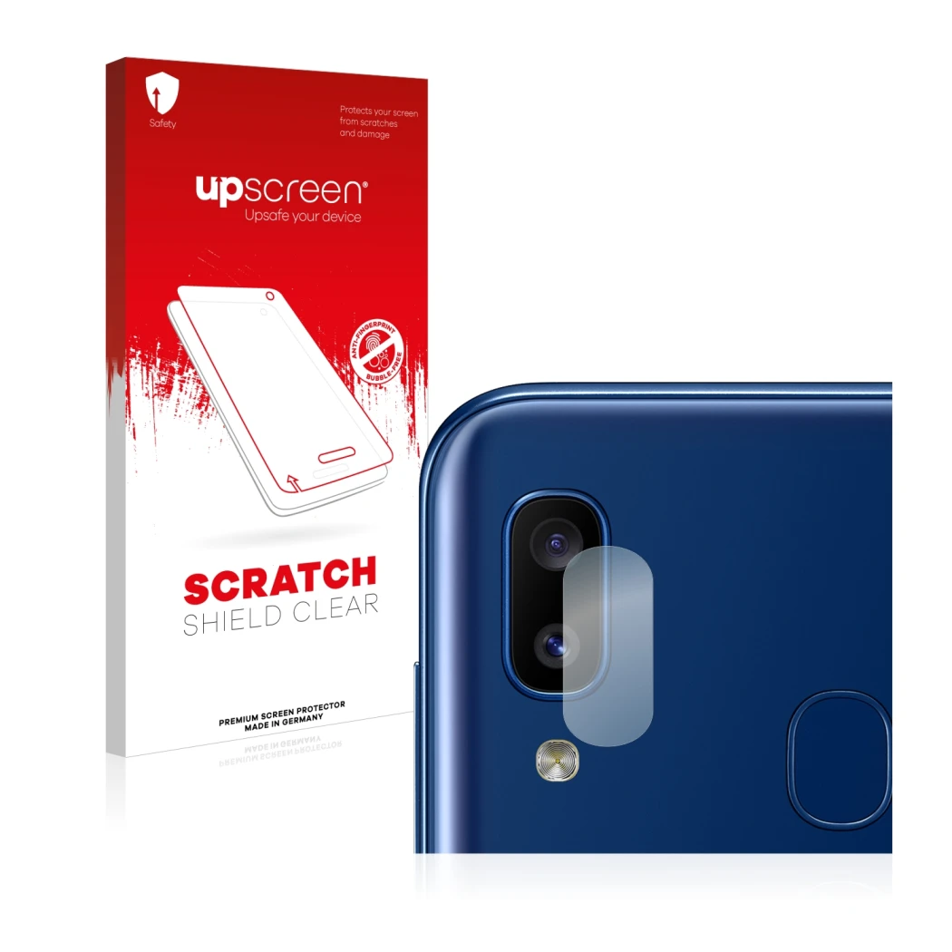 Parte frontale di una confezione del prodotto con il logo del marchio upscreen. Accanto è raffigurato il dispositivo Samsung G
