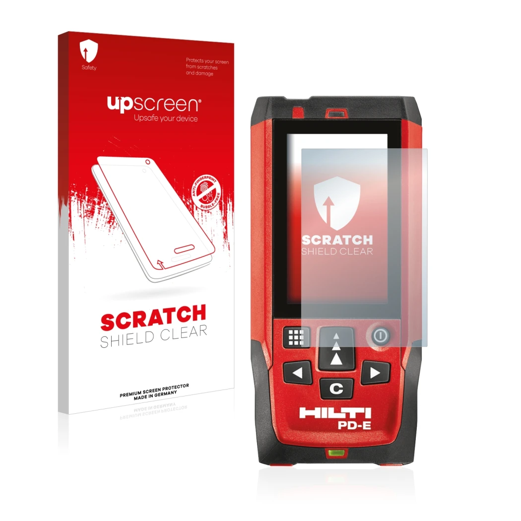 Parte frontale di una confezione del prodotto con il logo del marchio upscreen. Accanto è raffigurato il dispositivo Hilti PD-