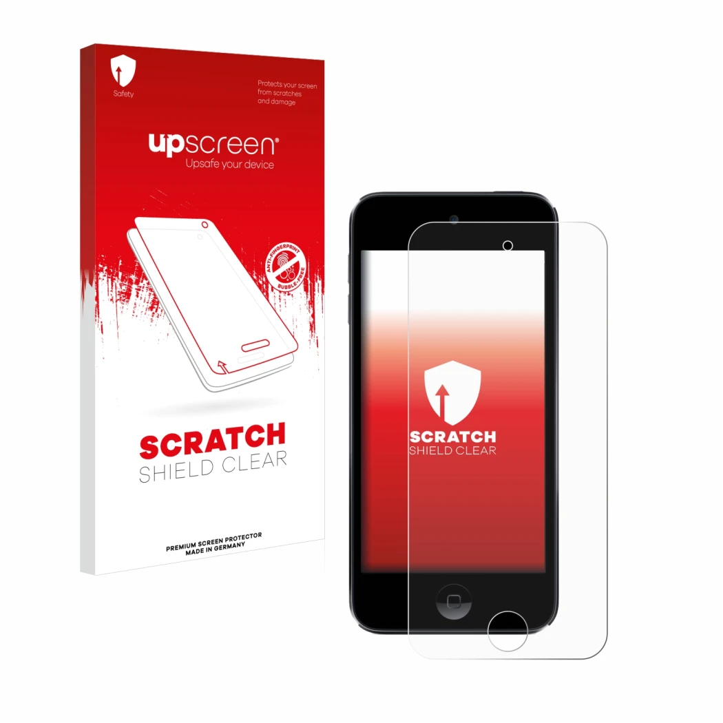 Parte frontale di una confezione del prodotto con il logo del marchio upscreen. Accanto è raffigurato il dispositivo Apple iPo