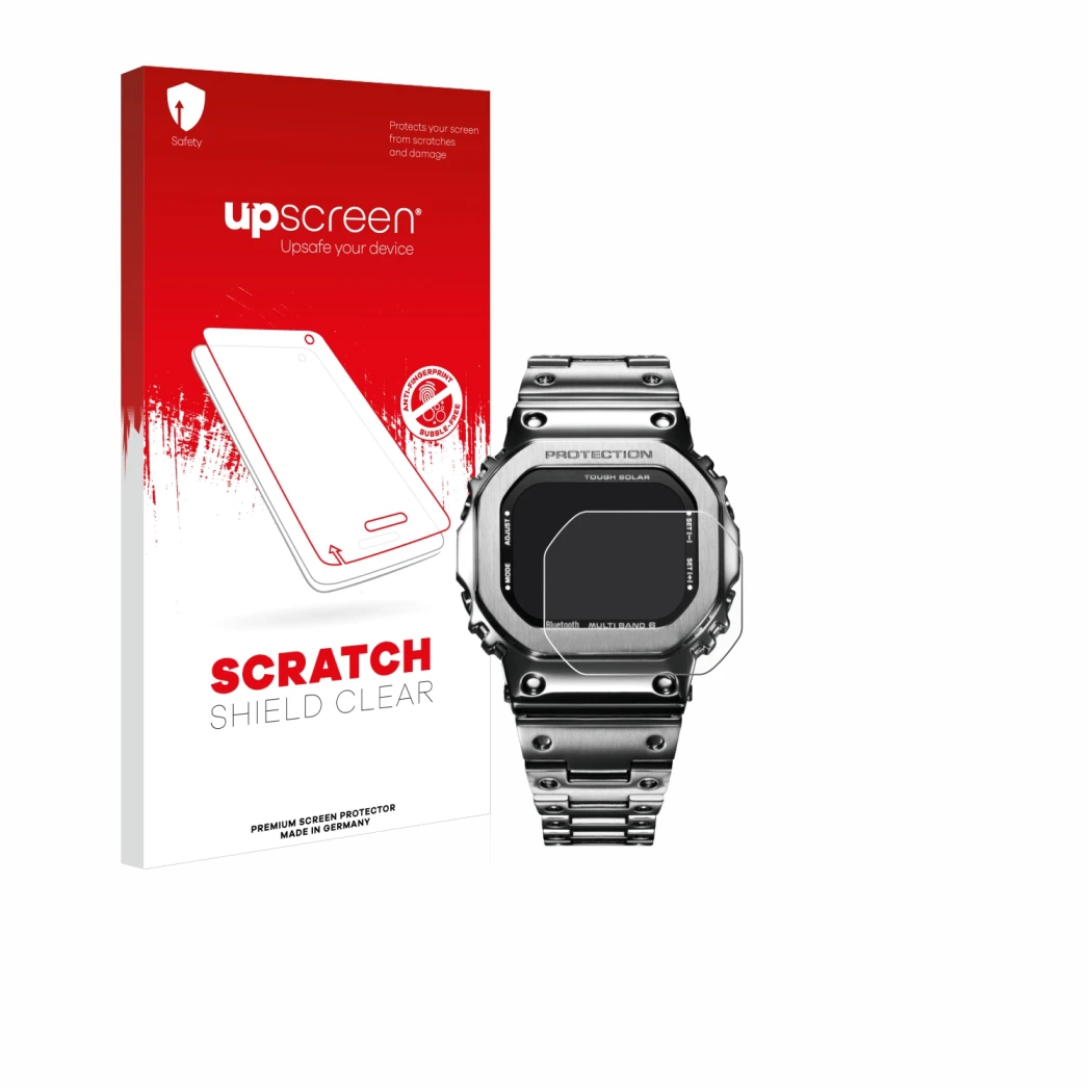 Parte frontale di una confezione del prodotto con il logo del marchio upscreen. Accanto è raffigurato il dispositivo Casio G-S