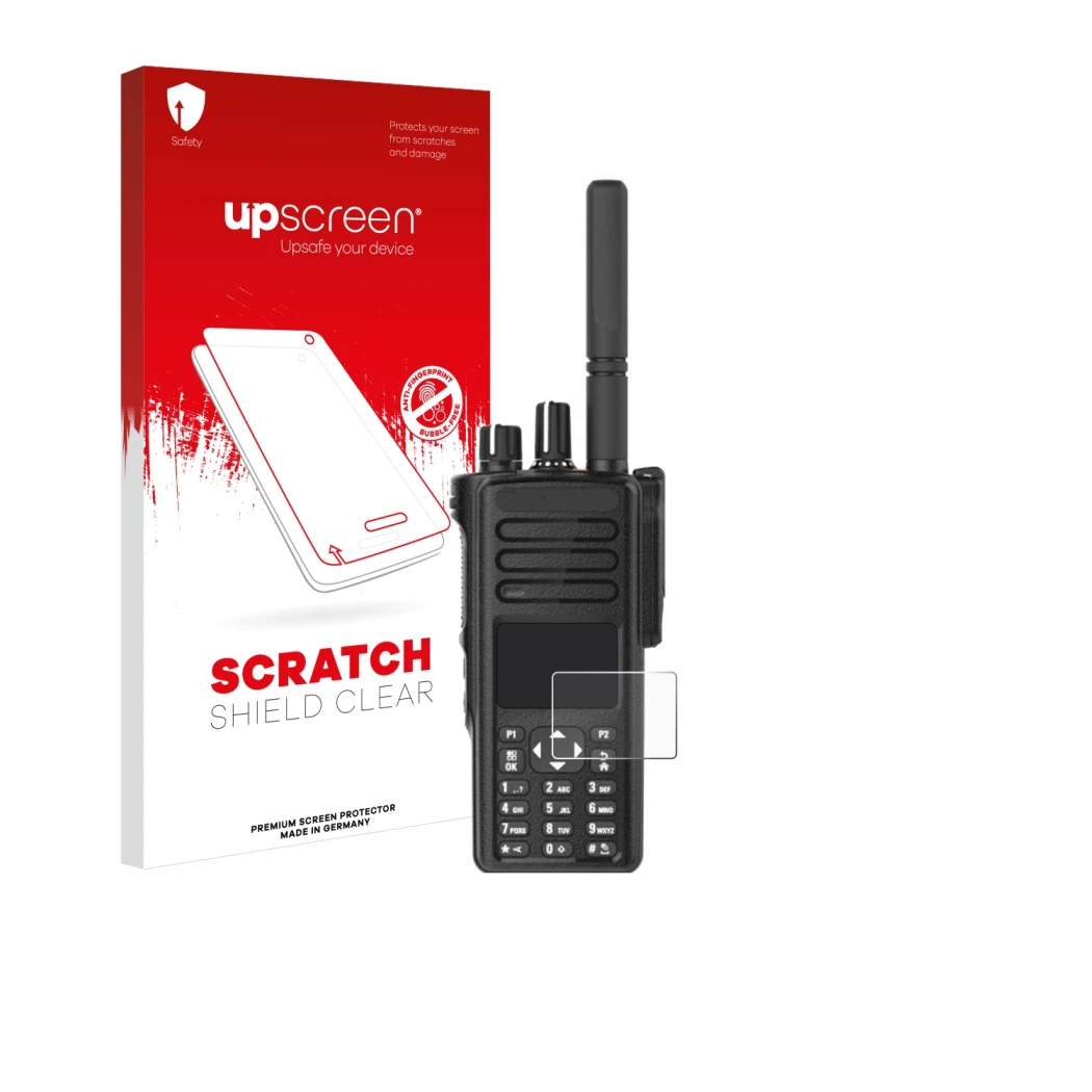 Parte frontale di una confezione del prodotto con il logo del marchio upscreen. Accanto è raffigurato il dispositivo Motorola