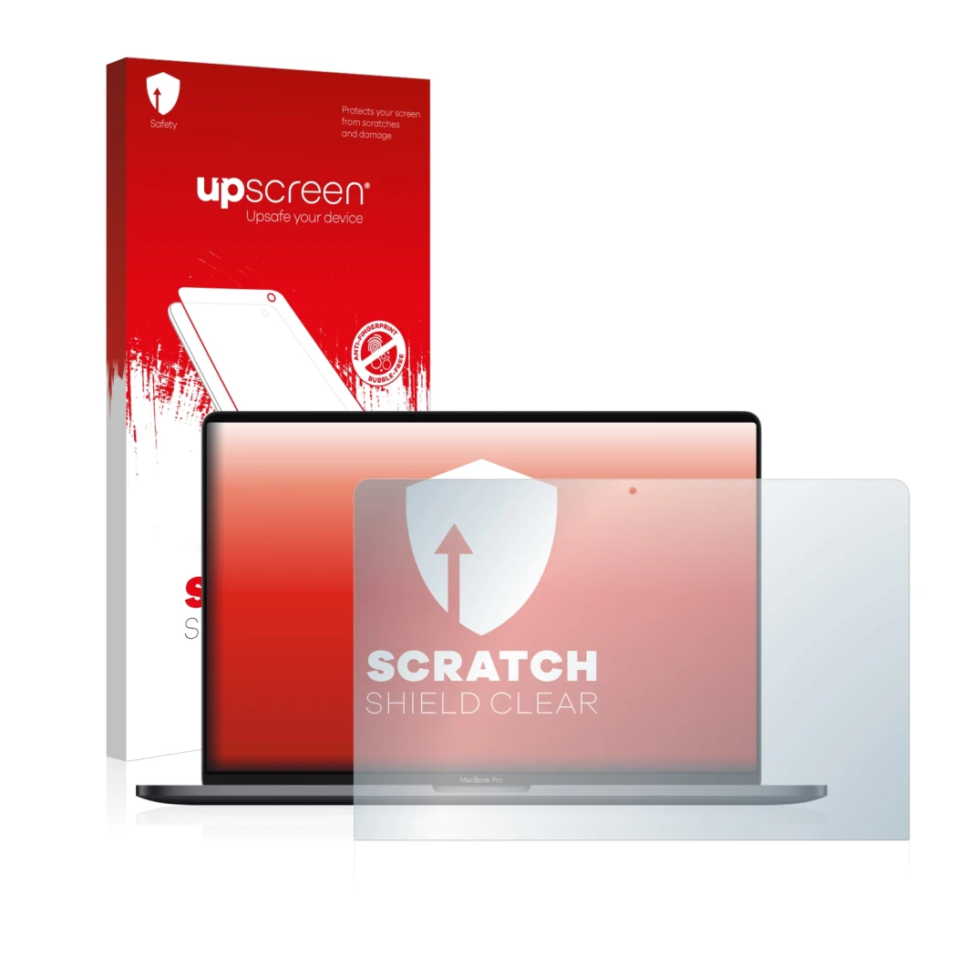 Parte frontale di una confezione del prodotto con il logo del marchio upscreen. Accanto è raffigurato il dispositivo Apple Mac