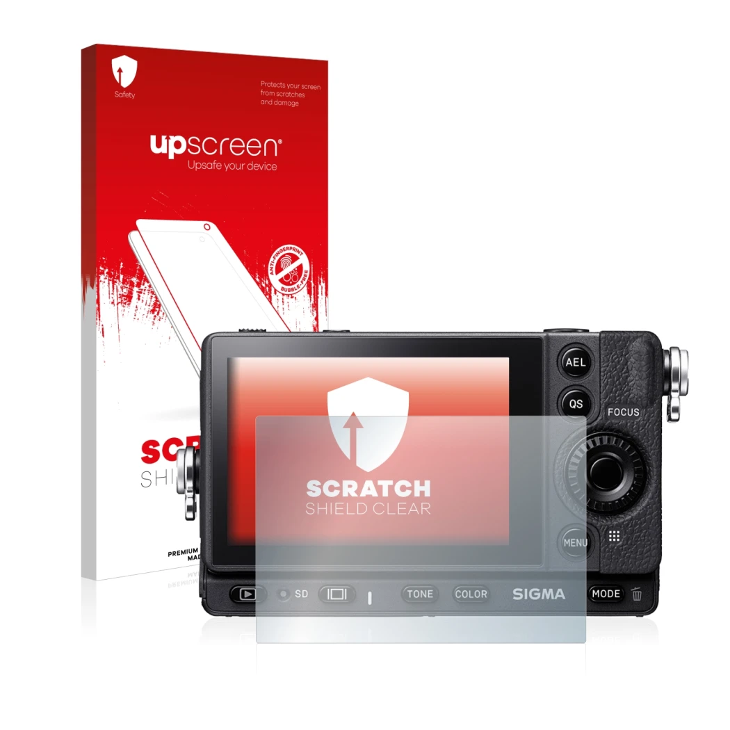 Parte frontale di una confezione del prodotto con il logo del marchio upscreen. Accanto è raffigurato il dispositivo Sigma FP