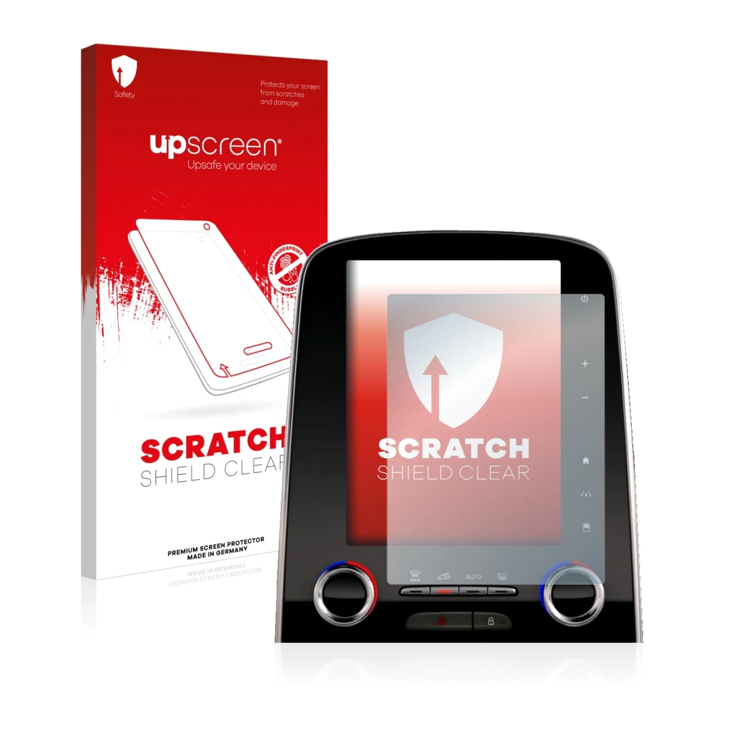 Parte frontale di una confezione del prodotto con il logo del marchio upscreen. Accanto è raffigurato il dispositivo Renault E