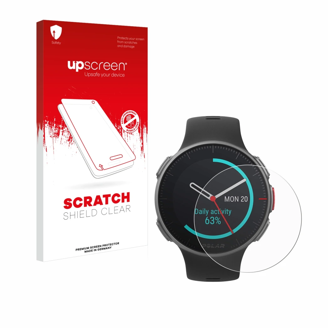 Parte frontale di una confezione del prodotto con il logo del marchio upscreen. Accanto è raffigurato il dispositivo Polar Van