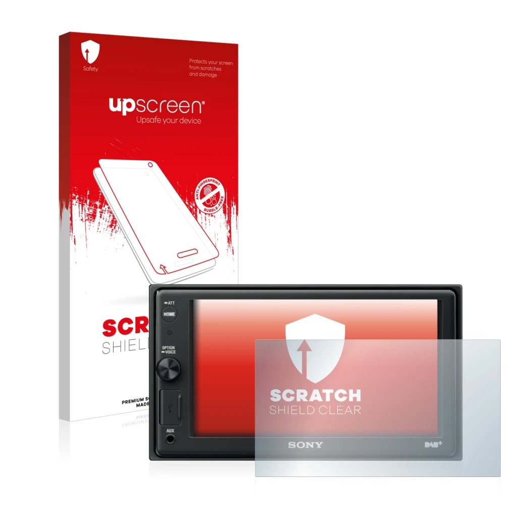 Parte frontale di una confezione del prodotto con il logo del marchio upscreen. Accanto è raffigurato il dispositivo Sony XAV-