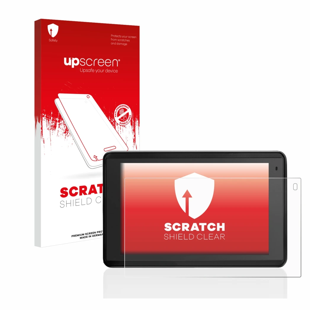 Parte frontale di una confezione del prodotto con il logo del marchio upscreen. Accanto è raffigurato il dispositivo Garmin Ae