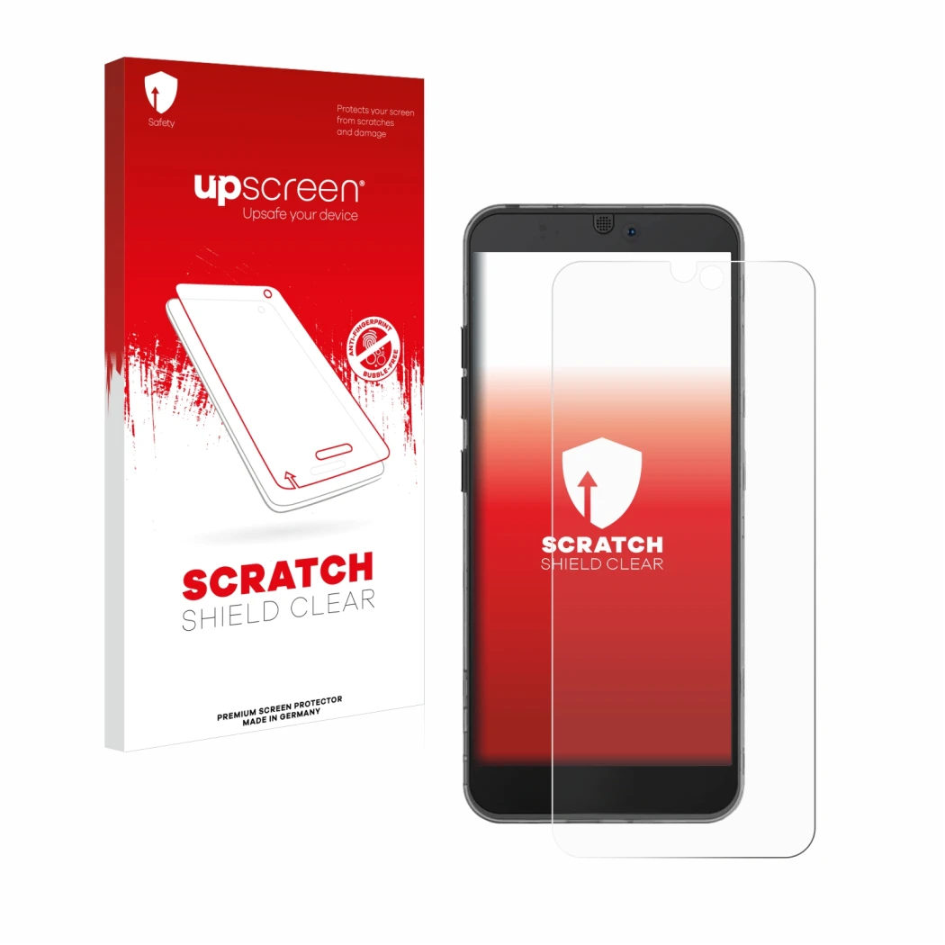 Parte frontale di una confezione del prodotto con il logo del marchio upscreen. Accanto è raffigurato il dispositivo Fairphone
