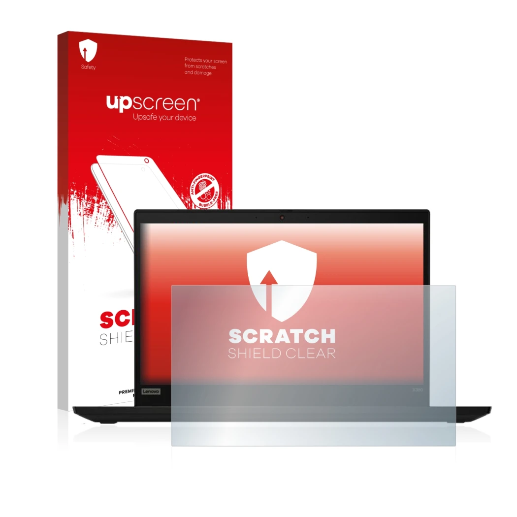 Parte frontale di una confezione del prodotto con il logo del marchio upscreen. Accanto è raffigurato il dispositivo Lenovo Th