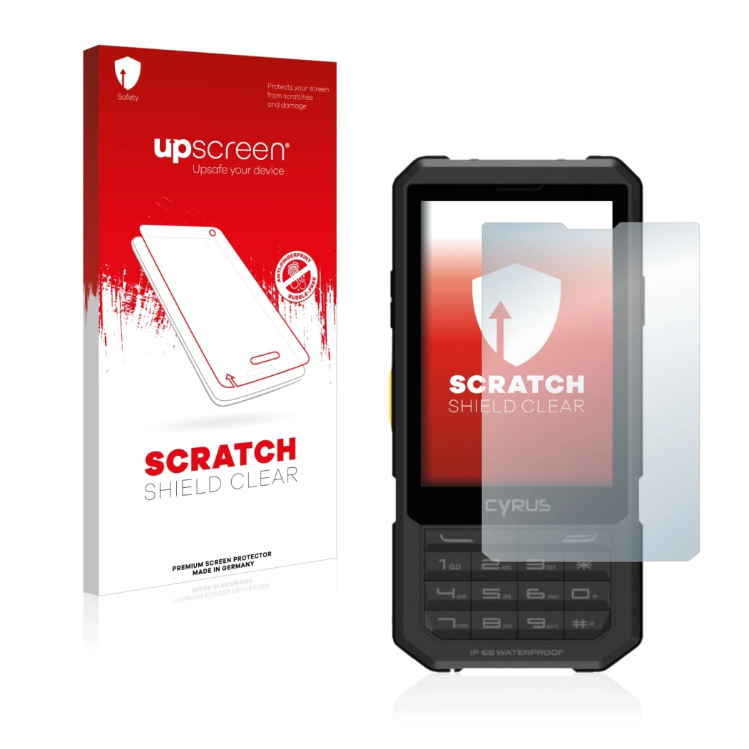 Parte frontale di una confezione del prodotto con il logo del marchio upscreen. Accanto è raffigurato il dispositivo Cyrus CM 