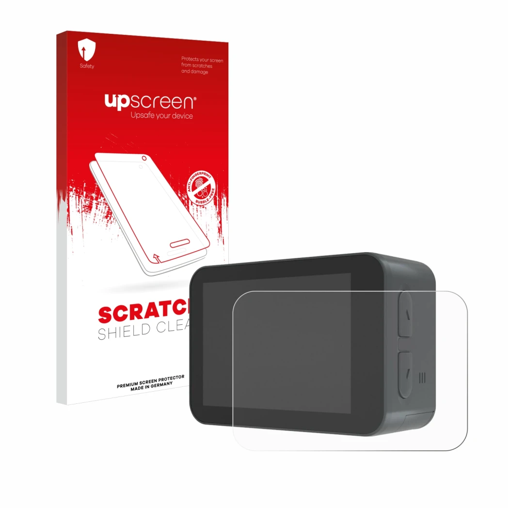 Parte frontale di una confezione del prodotto con il logo del marchio upscreen. Accanto è raffigurato il dispositivo Akaso V50