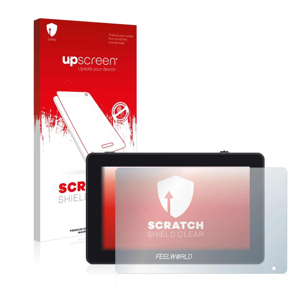 Parte frontale di una confezione del prodotto con il logo del marchio upscreen. Accanto è raffigurato il dispositivo Feelworld