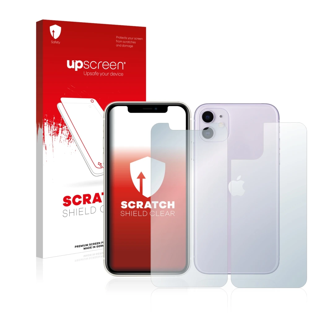 Parte frontale di una confezione del prodotto con il logo del marchio upscreen. Accanto è raffigurato il dispositivo Apple iPh