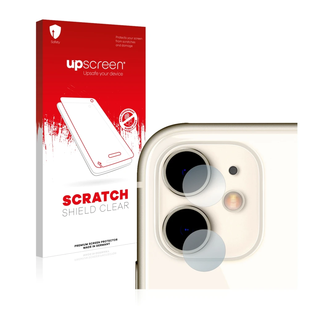 Parte frontale di una confezione del prodotto con il logo del marchio upscreen. Accanto è raffigurato il dispositivo Apple iPh