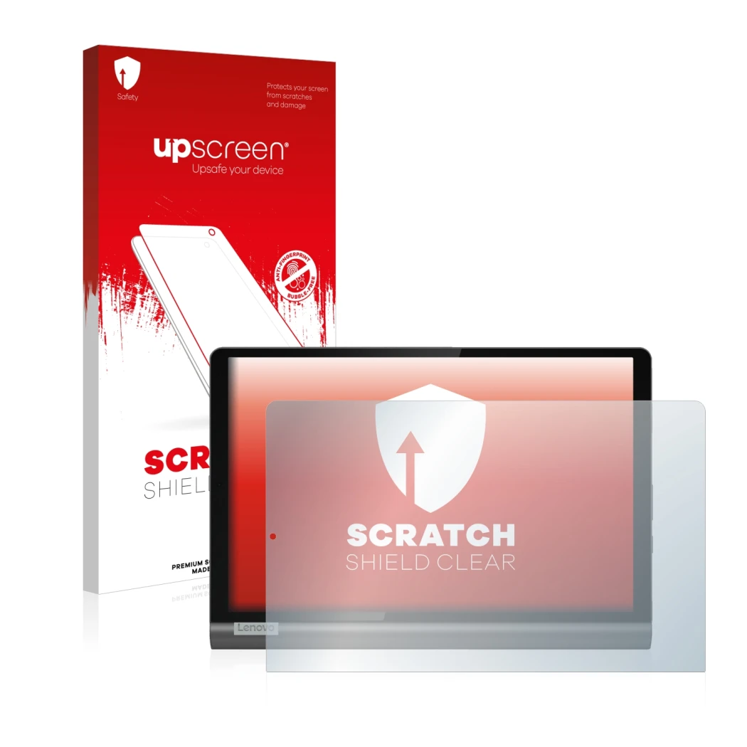 Parte frontale di una confezione del prodotto con il logo del marchio upscreen. Accanto è raffigurato il dispositivo Lenovo Yo