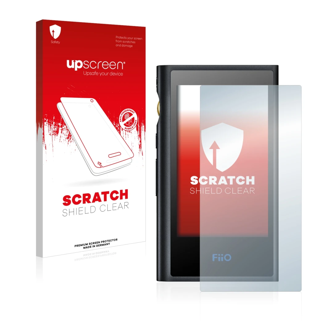 Parte frontale di una confezione del prodotto con il logo del marchio upscreen. Accanto è raffigurato il dispositivo FiiO M9 c