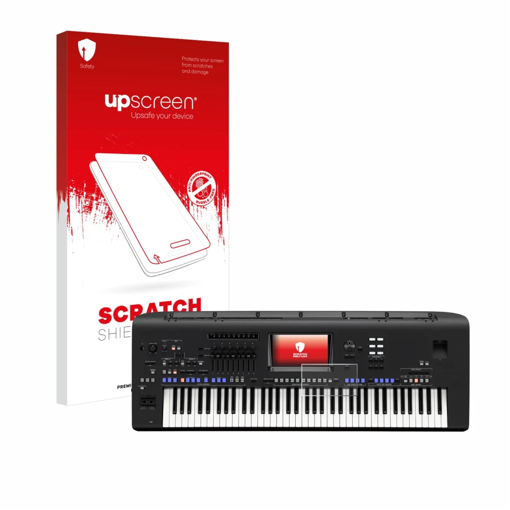 Parte frontale di una confezione del prodotto con il logo del marchio upscreen. Accanto è raffigurato il dispositivo Yamaha Ge
