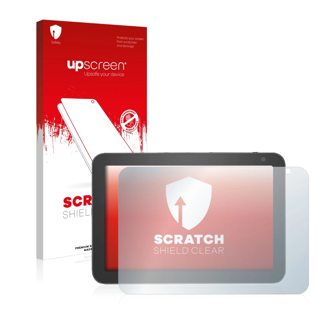 Parte frontale di una confezione del prodotto con il logo del marchio upscreen. Accanto è raffigurato il dispositivo Amazon Ec