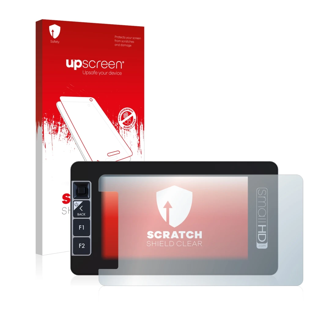Parte frontale di una confezione del prodotto con il logo del marchio upscreen. Accanto è raffigurato il dispositivo SmallHD 5