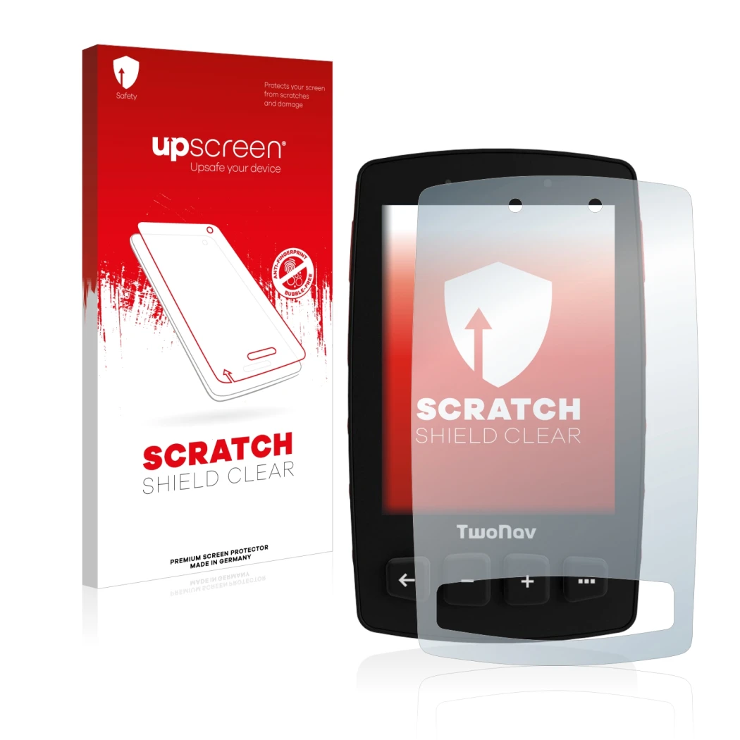 Parte frontale di una confezione del prodotto con il logo del marchio upscreen. Accanto è raffigurato il dispositivo TwoNav Tr