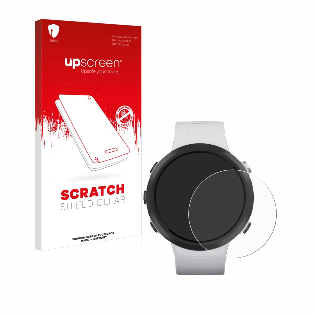 Parte frontale di una confezione del prodotto con il logo del marchio upscreen. Accanto è raffigurato il dispositivo Garmin Sw
